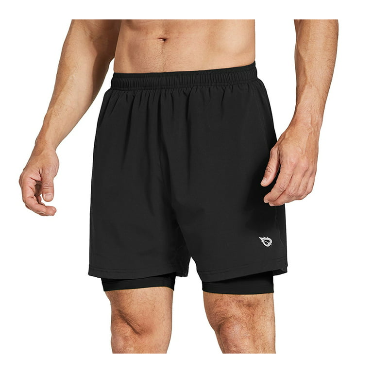 BALEAF Men's 2 in 1 Running Athletic Shorts 5 Quick Dry Workout Shorts  with Liner Zipper Pocket Black/Black Size XL