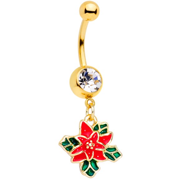 Body Candy Womens 14G PVD Steel Navel Ring Piercing Clear Accent Poinsettia Holiday Dangle Belly Button Ring
