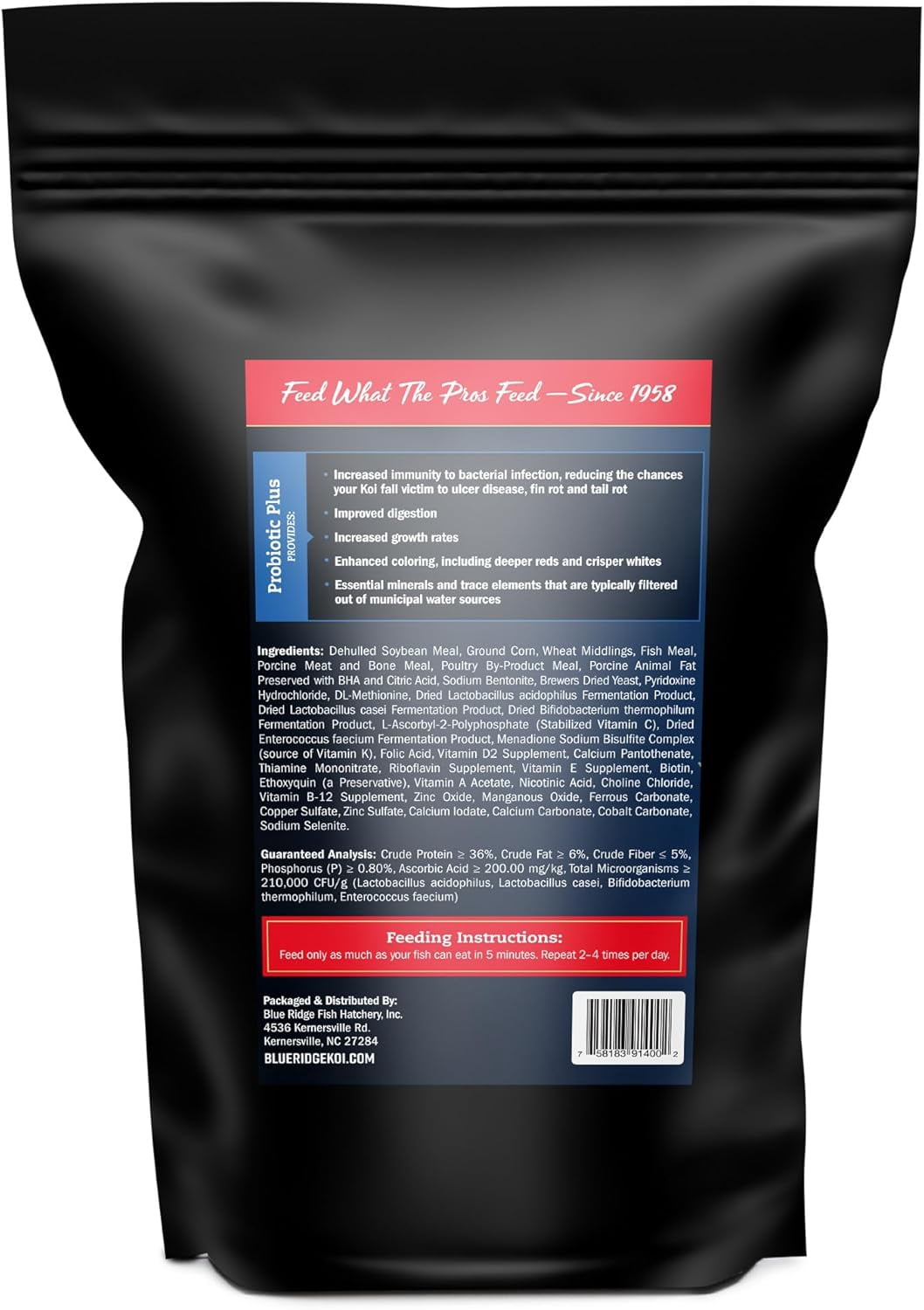Blue Ridge Koi Fish Food 2lb - Koi Food 3/16” Probiotic Plus, Goldfish Food, Premium Fish Food for Ponds, Ponds Fish Food, Koi Food Fall and Winter Fish Food, Floating Pond Pellets