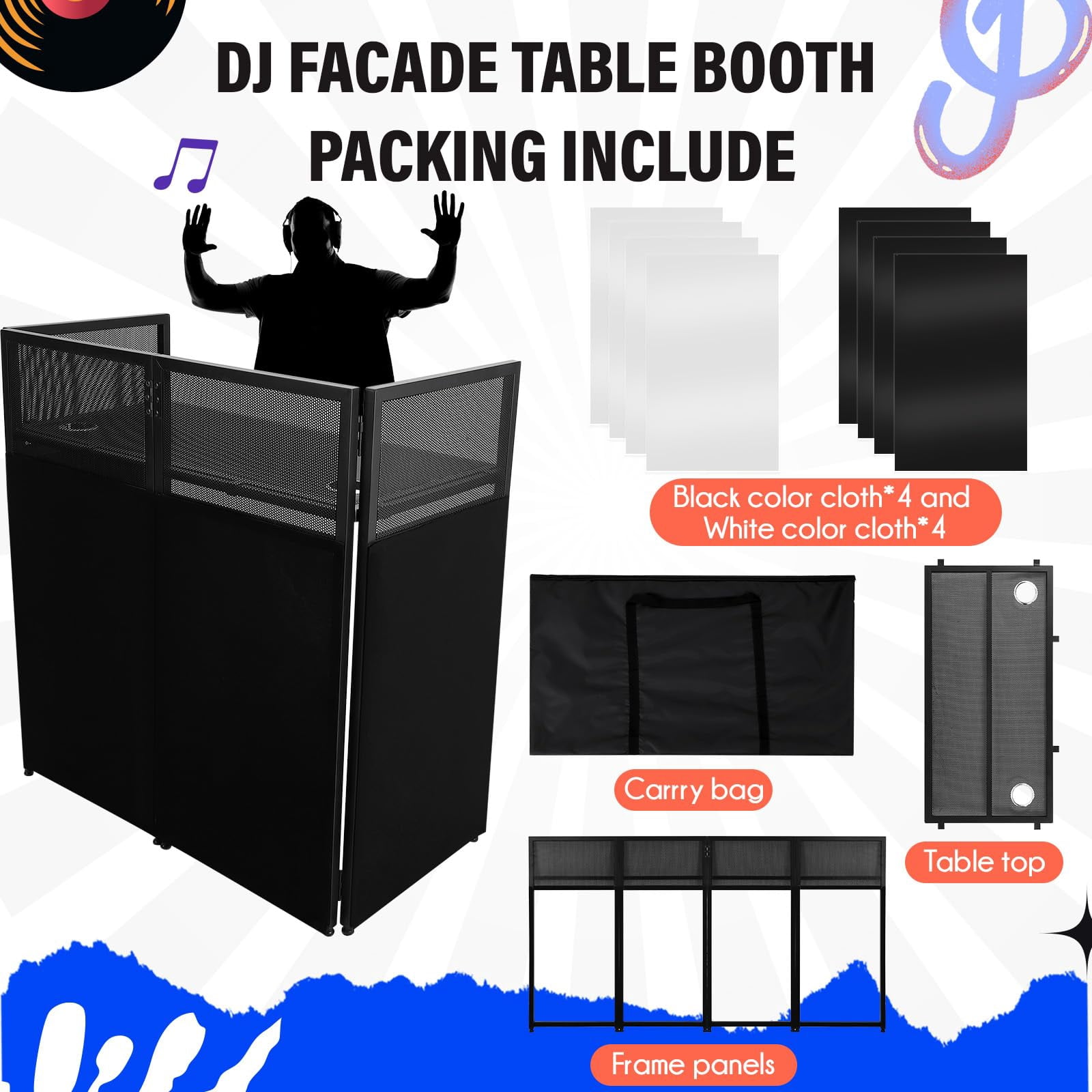 Ladcaser Portable DJ Facade Booth, 50 in L x 48 in H x 25 in W DJ Table Stand Booth with White & Black Scrim, Foldable DJ Table Station with Adjustable Feet for Party, Black Metal Frame