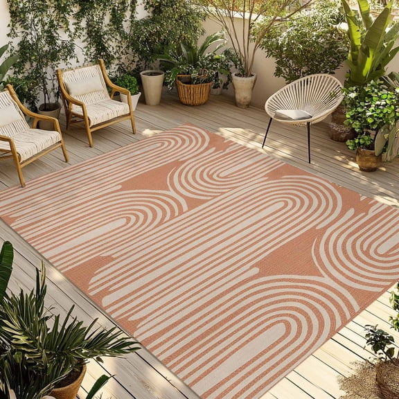 Line Texture Outdoor Rug for Patio/Deck/Porch, Non-Slip Large Area Rug 3 x 5 Ft, Orange Abstract Art Retro Indoor Outdoor Rugs Washable Area Rugs, Reversible Camping Rug Carpet Runner