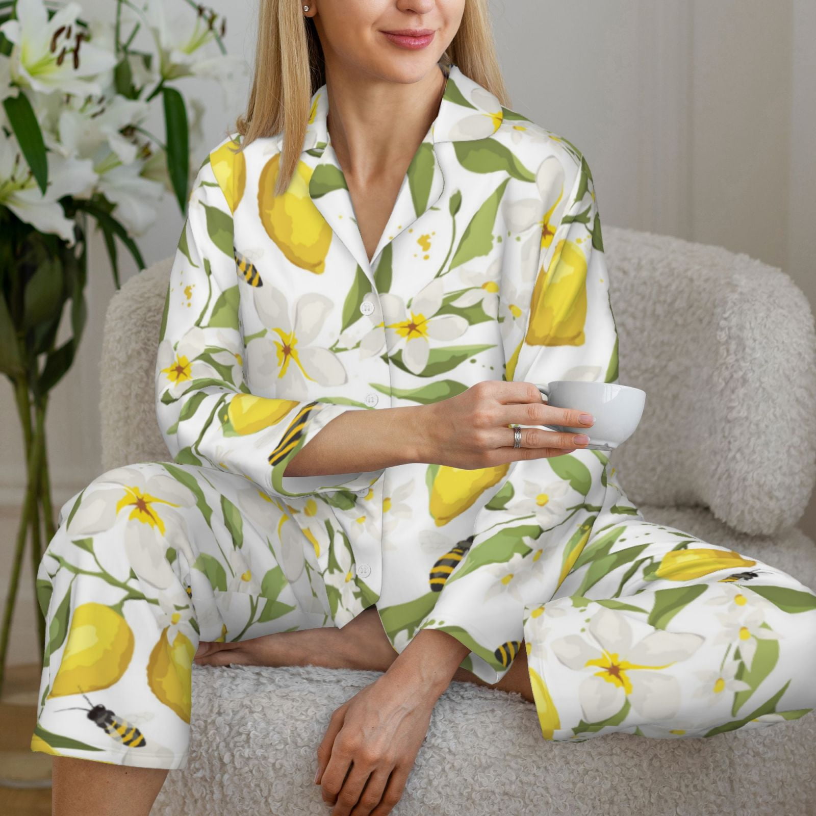 Women's Pajama Set Cute Lemon Bee Flower Leaves Long Sleeve