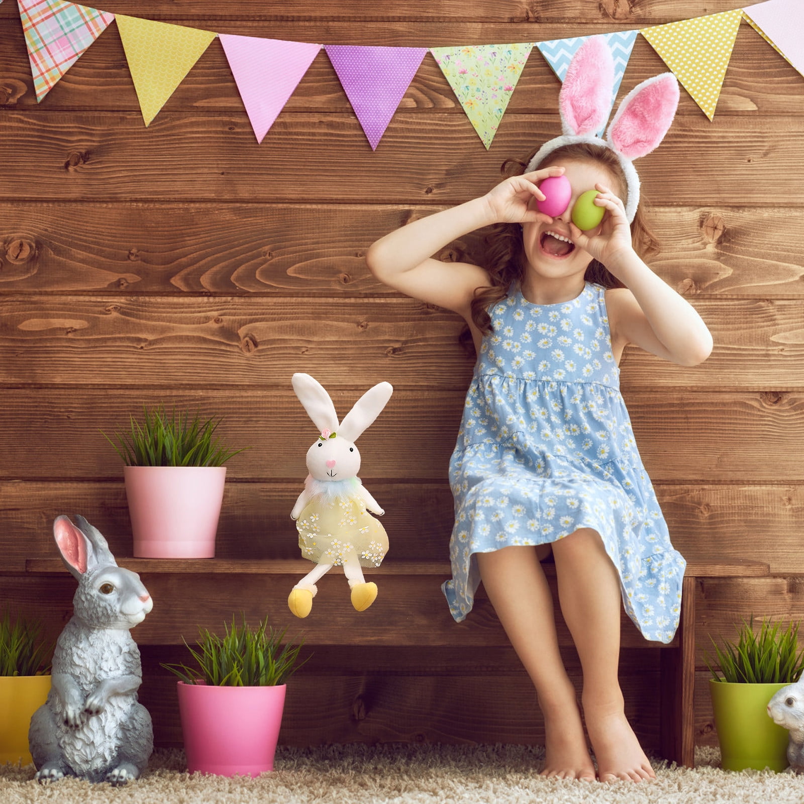 SHENGXINY Easter Bunny Plush, Fabric Bunny Rabbit Toy, Easter Decorations, Stuffed Animals,Standing Statue With Carrots Baskets For Layered Plates Table Decor Yellow 17.32x5.91x5.91in