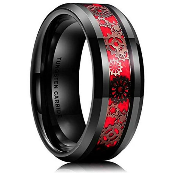 Wedding Rings for Men Women 8mm Black Tungsten Band Red Inlay & Dark Gears