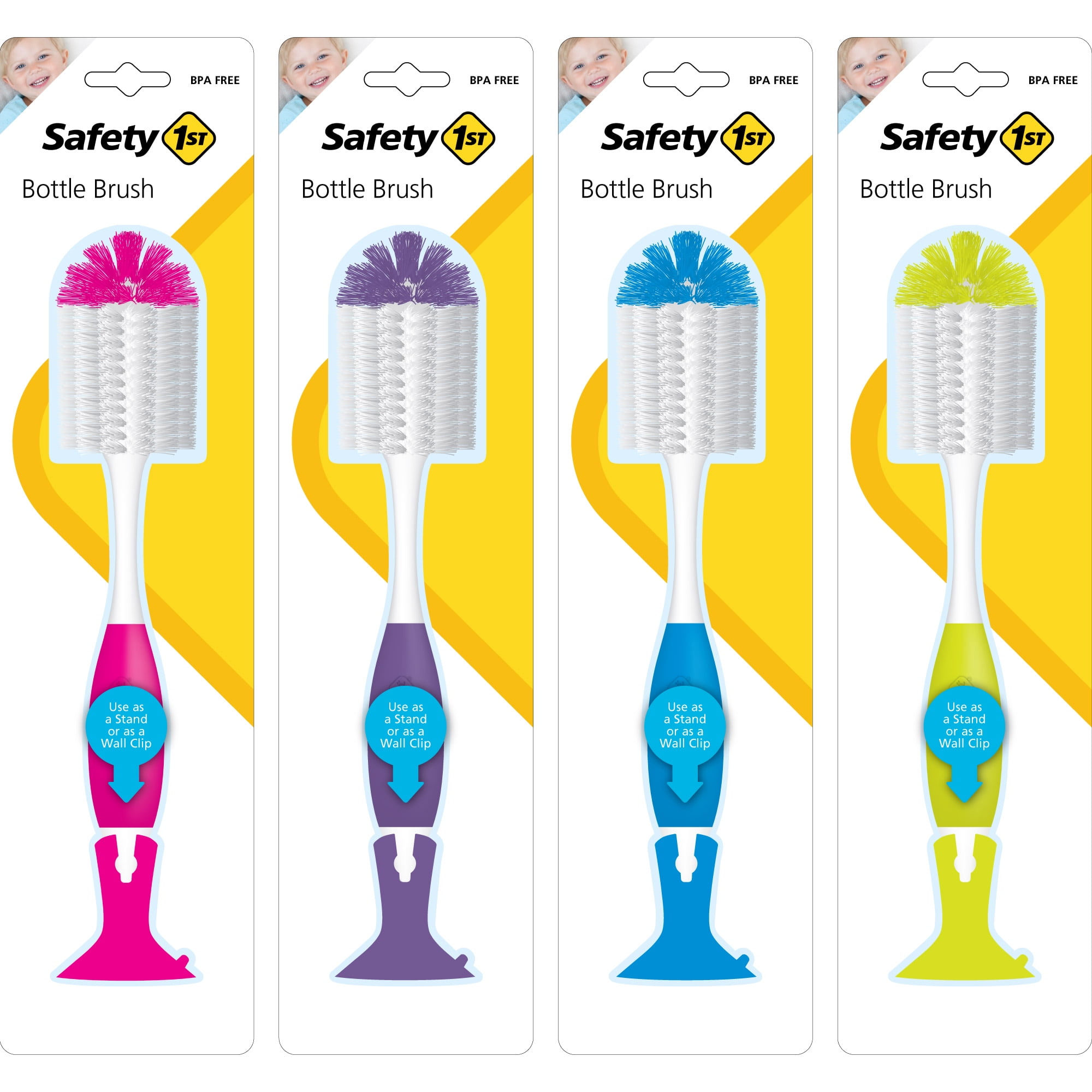 Safety first bottle brush easy to use, available in multiple colors to spruce up your kitchen. Suction cup on the bottom to secure to your countertop or sink when not in use.