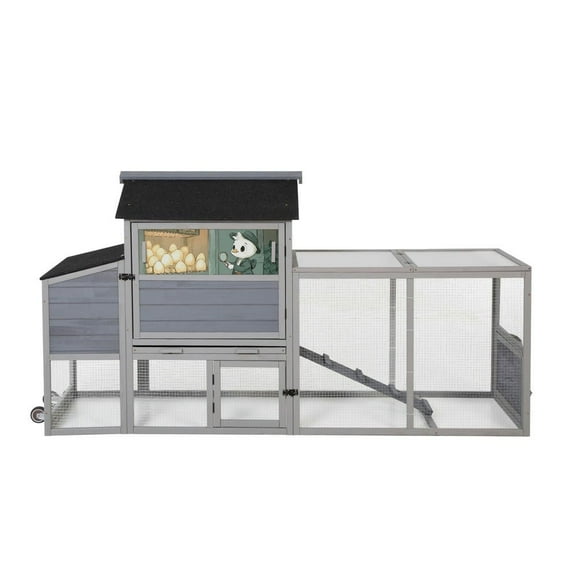 Resenkos Mobile Chicken Coop with Nesting, Sleep Area, Run, Window, Sun Deck, Doors, Tray, Wheels, Outdoor Small Pet Pen, Gray With Colorful Patterns