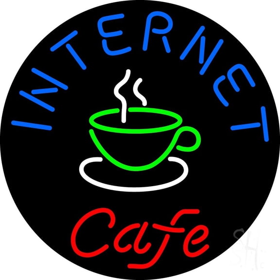 Round Internet Cafe LED Neon Sign 26 x 26 - inches, Clear Edge Cut Acrylic Backing, with Dimmer - Bright and Premium built indoor LED Neon Sign for Computer & Electronics store decor.