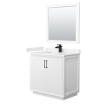 HomeStock Mediterranean Magic 36 Inch Single Bathroom Vanity in White, Carrara Cultured Marble Countertop, Undermount Square Sink, Matte Black Trim, 34 Inch Mirror