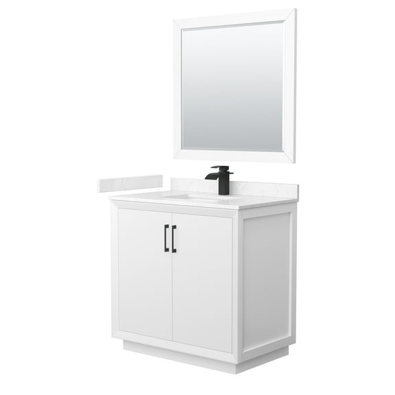 HomeStock Mediterranean Magic 36 Inch Single Bathroom Vanity in White, Carrara Cultured Marble Countertop, Undermount Square Sink, Matte Black Trim, 34 Inch Mirror