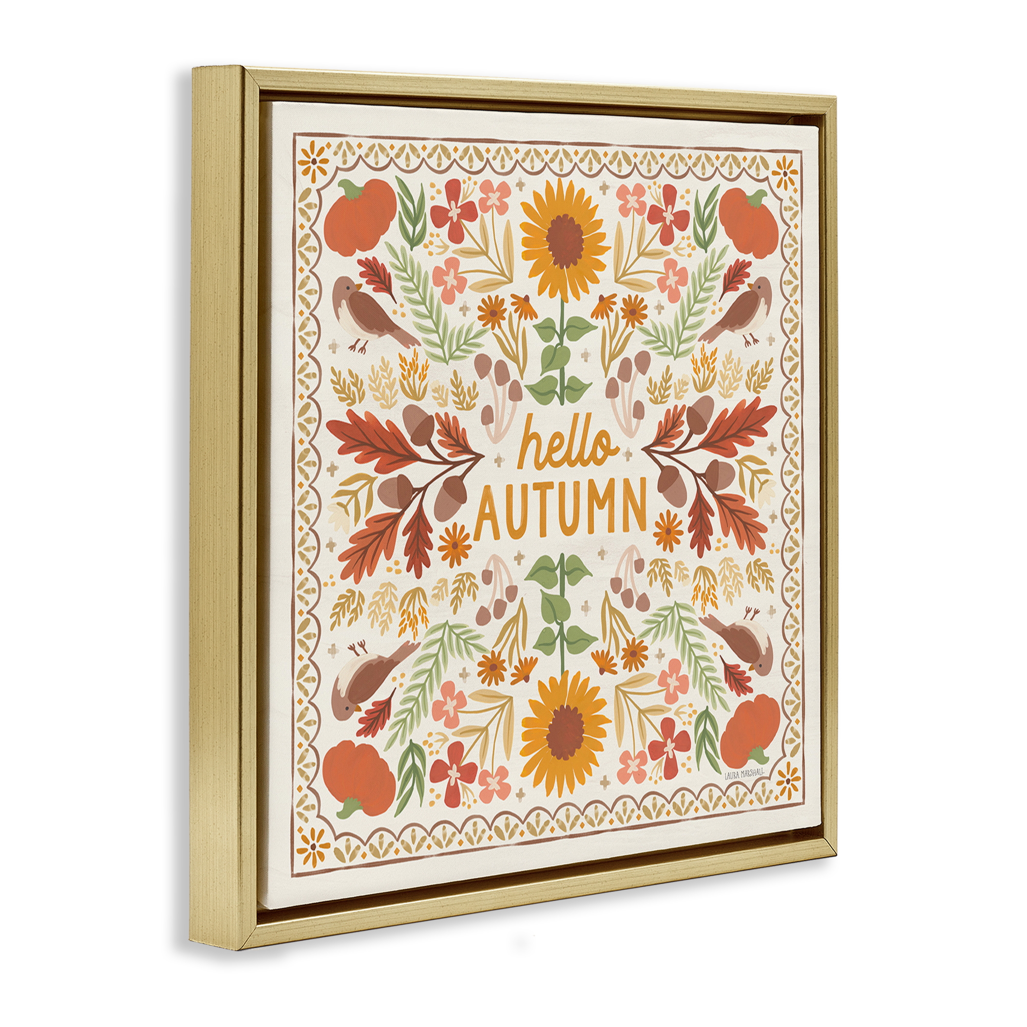 Stupell Industries Hello Autumn Pattern Landscape Painting Gold Floater Framed Art Print Wall Art, 18 x 18