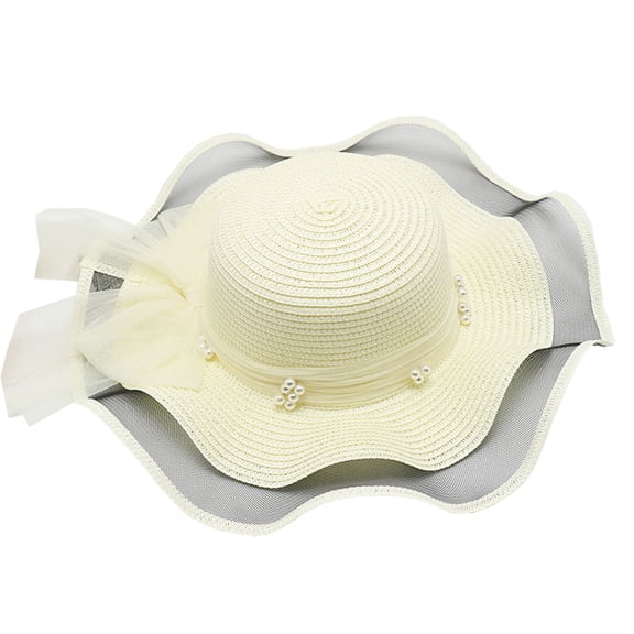 56-58cm hat circumference women's mesh wave sun hat outdoor pearl ribbon beach hat sunscreen sun hat - white