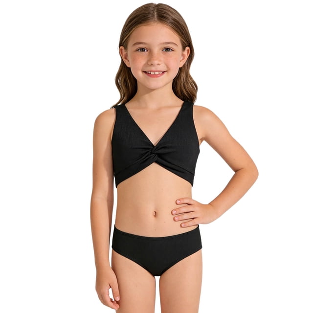 Girls Two Piece Swimsuit Set Knotted Color-Block Crop Top & Shorts in Mint Green Size 3-12 Years