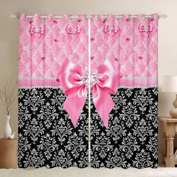 Manfei Pink Girly Bow Blackout Curtains,Retro Victorian Damask Window Curtains Pack of 2 (38x45 Each)