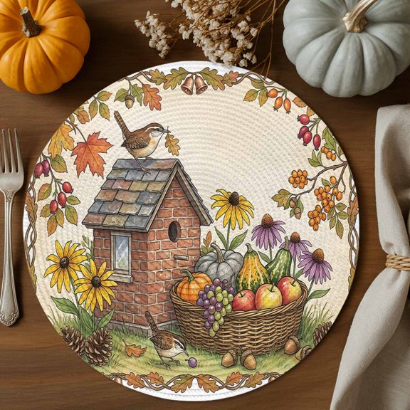 Birdhouse Round Braided Placemats Set of 8, Country Farmhouse Bird Sunflowers Berry Pumpkin Maple Leaf Heat Insulation Place Mats Washable Non-Slip Table Mats for Kitchen Dining Party, 15 Inches