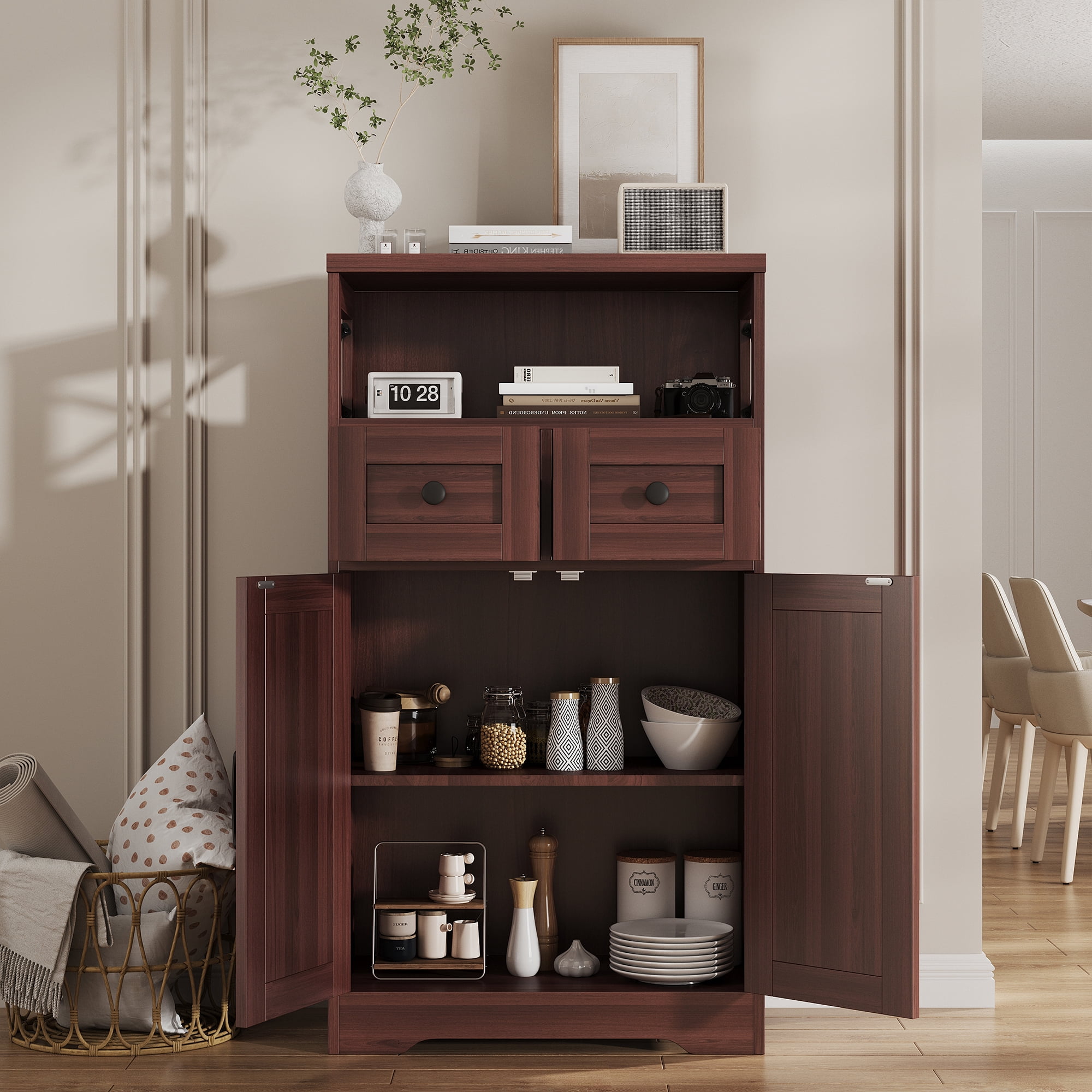 Pantry Cabinet, 43" Kitchen Pantry Storage Cabinet with Open Shelf , 2 Drawers, Adjustable Shelves, Dark Brown
