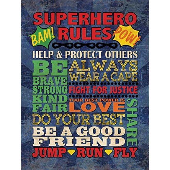 Fun Colorful Popular Superhero Rules Poster Print; Great for a Childs Room or Nursery; One 12x16in Poster Print. Blue/Red/Yellow/Green