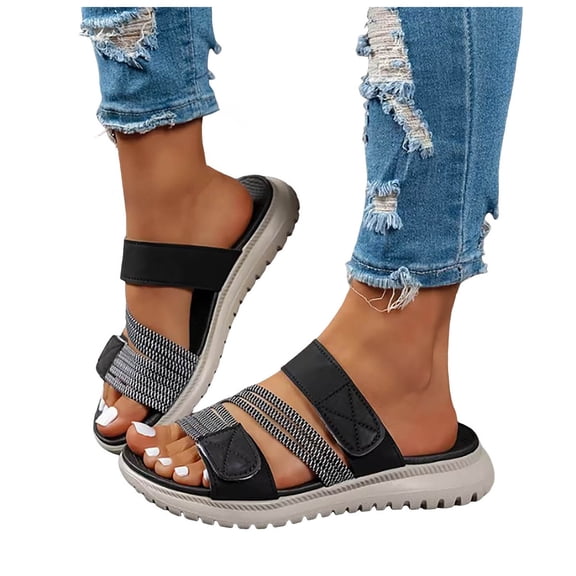 Rokment Womens Orthopedic Walking Flat Sandals Comfortable Memory Foam Low Heel Slip on Platform Slippers Indoor Outdoor Beach Summer Casual Footwear Black Size 6