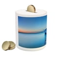thumbnail image 2 of Landscape Piggy Bank, Sunrise over Water Lakehouse Cabin Boardwalk Sun Rays Clouds Horizon Nature, Ceramic Coin Bank Money Box for Cash Saving, 3.6" X 3.2", Blue Orange Grey, by Ambesonne, 2 of 4