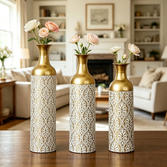 WRXELAN Set of 3 Tall Floor Vases for Living Room Decor, Vases for Home Decor, Embossed Body Pattern, Geometric Cylinder (Golden White)