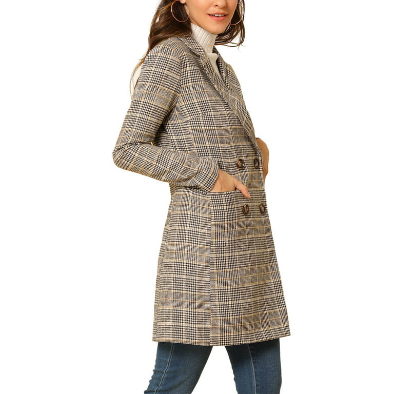 Unique Bargains Women's Double Breasted Notched Lapel Plaid Trench Coats M Brown, Size: Medium