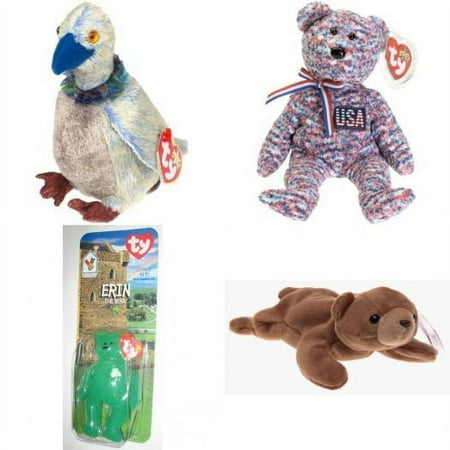 Assorted Ty Beanie Baby 4 Pack Bundle: Buzzy the Buzzard, USA Bear, TY McDonalds Teenie Beanie - ERIN The Bear Irish 1999 5 inch, TY Beanie Baby - CUBBIE the Bear