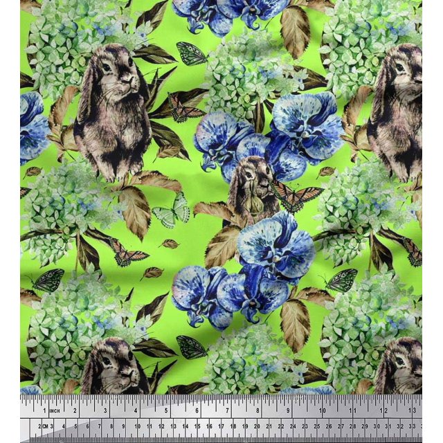 Soimoi Cotton Cambric Fabric Rabbit,Lilac & Pansy Floral Print Sewing Fabric Yard 56 Inch Wide