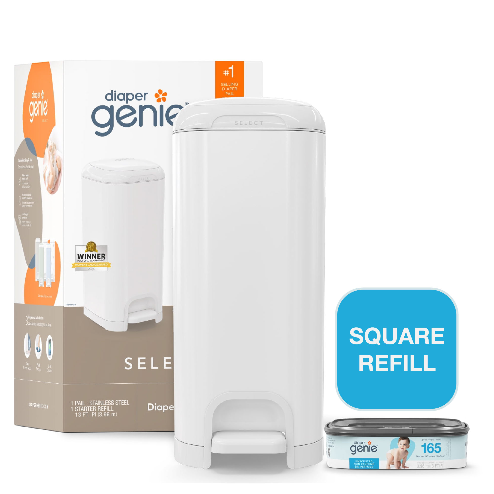 Diaper Genie Select Pail, Stainless Steel, White photo 1