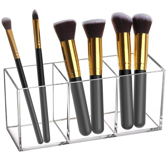 Clear Makeup Brush Holder Organizer, Acrylic Cosmetic Brushes Storage with 3 Slots, Eyeliners Display Case for Vanity