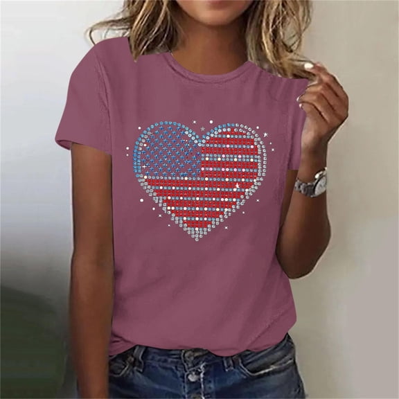 4th of July Shirts for Women: American Flag Tee USA Red White Blue Top Patriotic Crew Neck T Shirt
