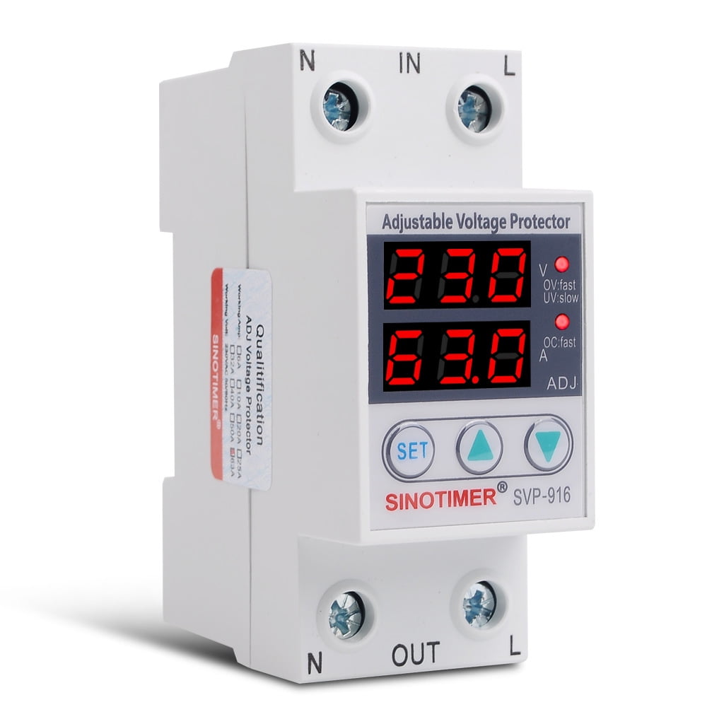 Adjustable Over and Under Voltage Protector,SVP-916 40A 63A 80A Over Under Voltage Protection Limit Current Dual Display Surge Protector Automatic Adjustable Voltage Relay