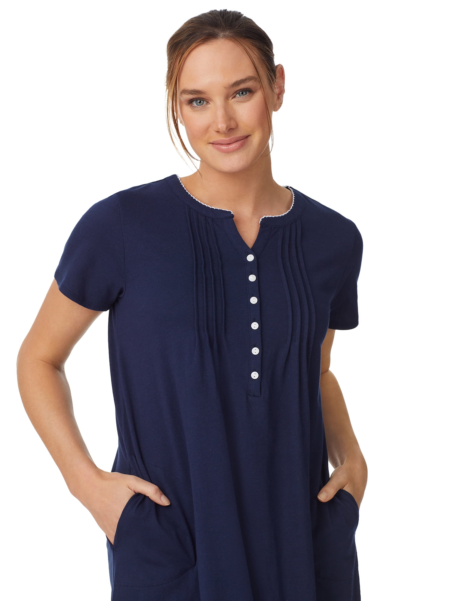 Aria Women’s Short Sleeve Split Neck Henley Nightgown 40”, Sizes XS to 5X