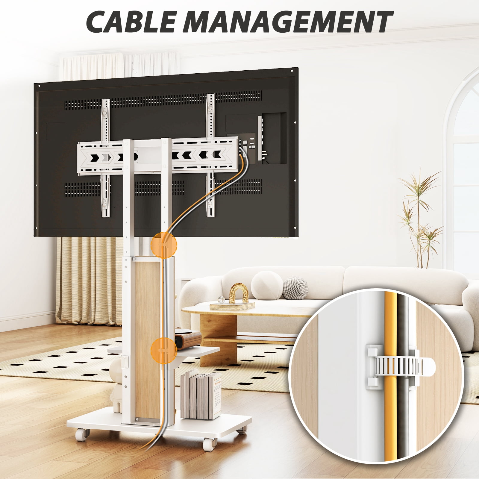 RTVR Rolling TV Cart Stand with Mount for 55 to 90 inch Screens, Heavy Duty Conner TV Stand with Shelves, White