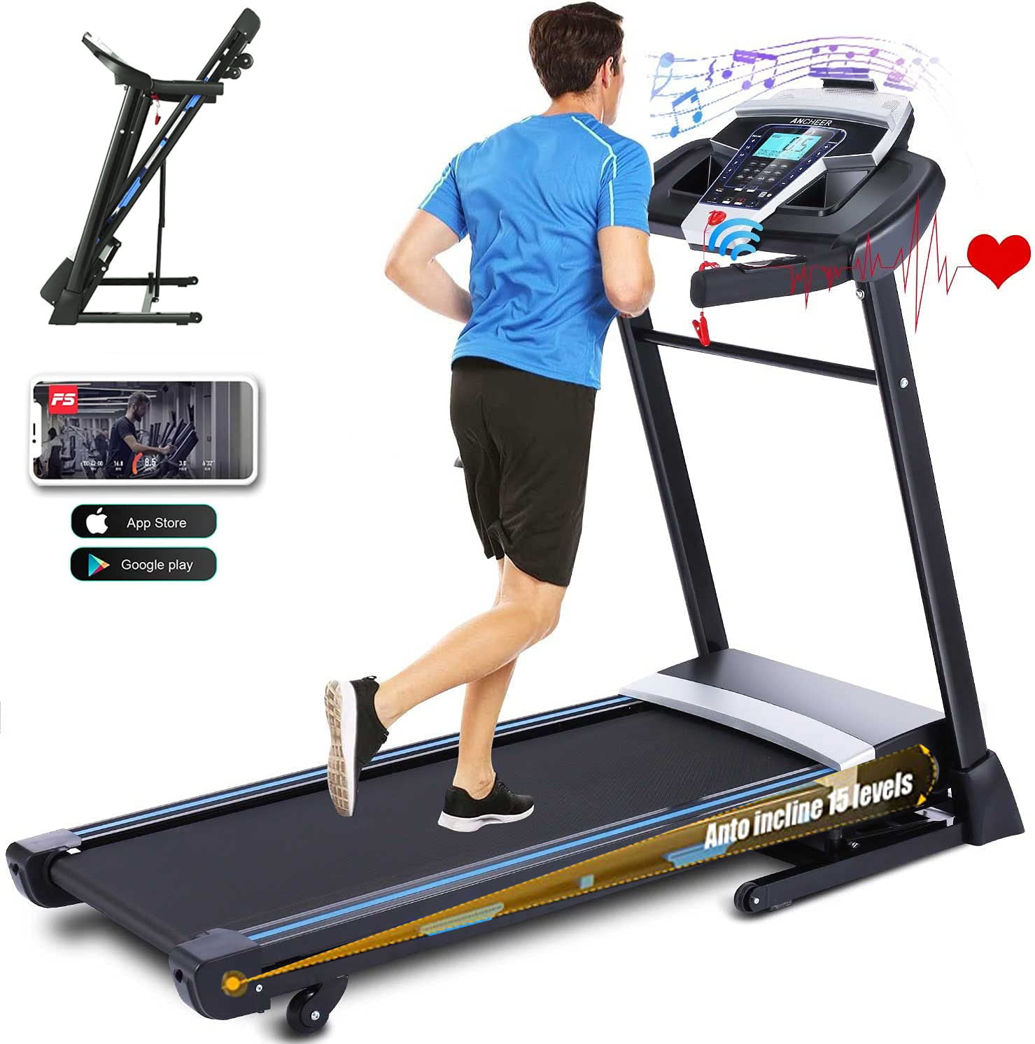 Folding Treadmill Exerciser Foldable Walk Running Machine Portable Treadmills for Home and Apartment LCD Display and Bluetooth Speaker No Assembly 