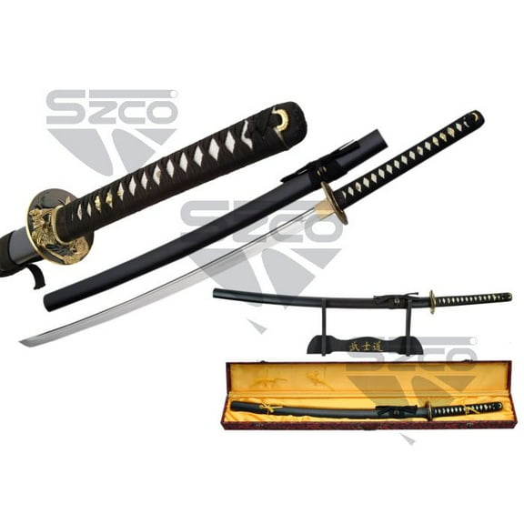 SZCO 41" Hand Forged Samurai Katana Sword Full Tang Stainless Steel Blade Black Scabbard, Display Stand & Gift Box for Cosplay & Display