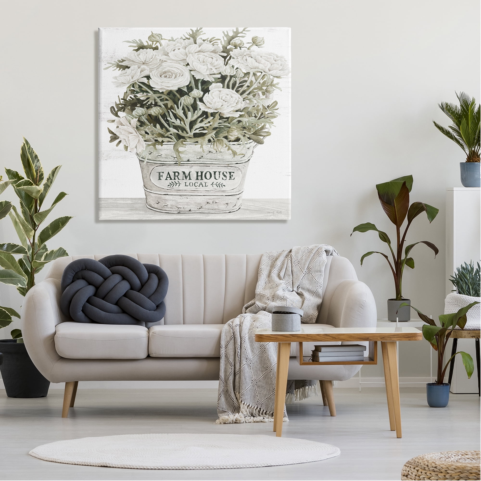 Stupell Industries Farmhouse Planter White Rose Blossoms Rustic Table Painting Gallery Wrapped Canvas Print Wall Art, Design by Cindy Jacobs