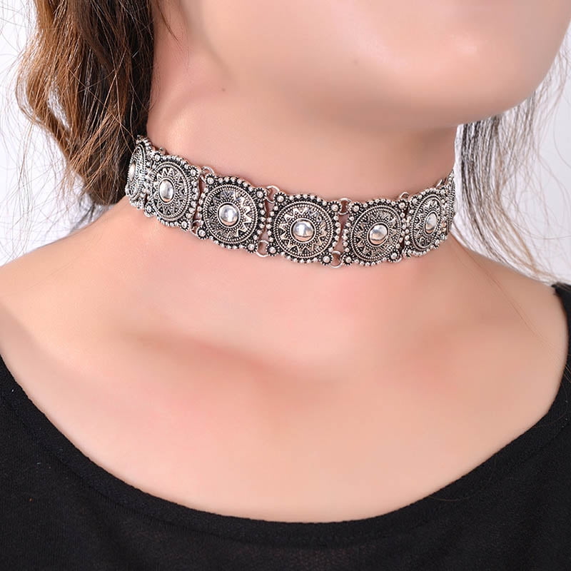 Antique Silver Statement Necklace Retro Turquoise Beads Collar Choker Necklace Women Neck Jewelry Chain Vintage Boho Flower