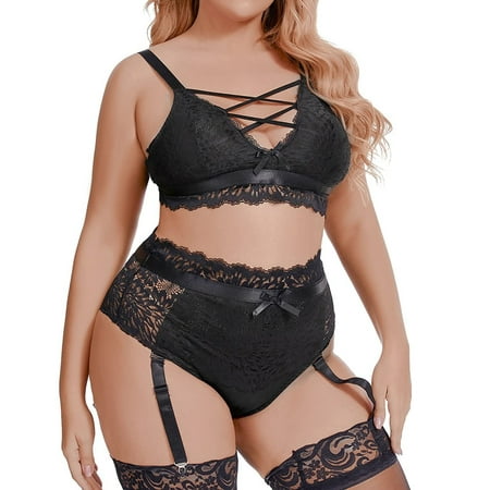 

Qcmgmg Bra and Panty Sets for Women Lingerie Sexy Lace Strappy Solid Babydoll with Garter Hollow Out Bra and Panty Set Black 3XL