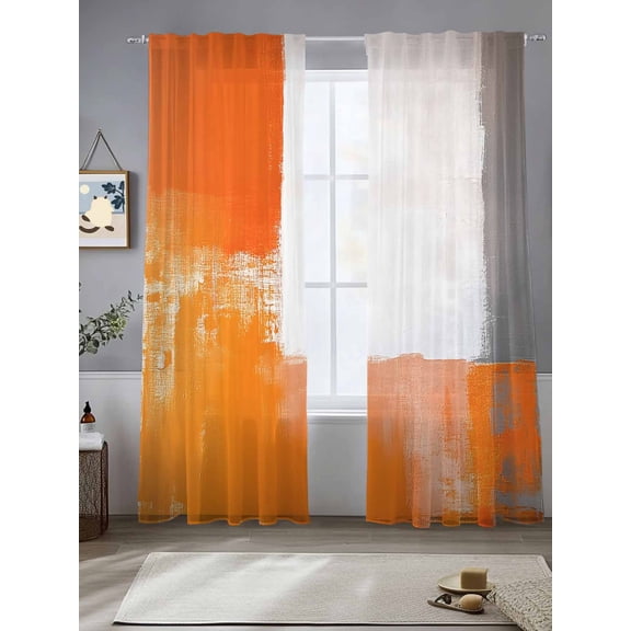 Orange Gray Sheer Curtains 96 Inches Long 2 Panels Geometric Graffiti Art Mottled Texture Modern Light Filtering Semi Sheer Window Curtains Drapes for Bedroom Living Room 52"x96"