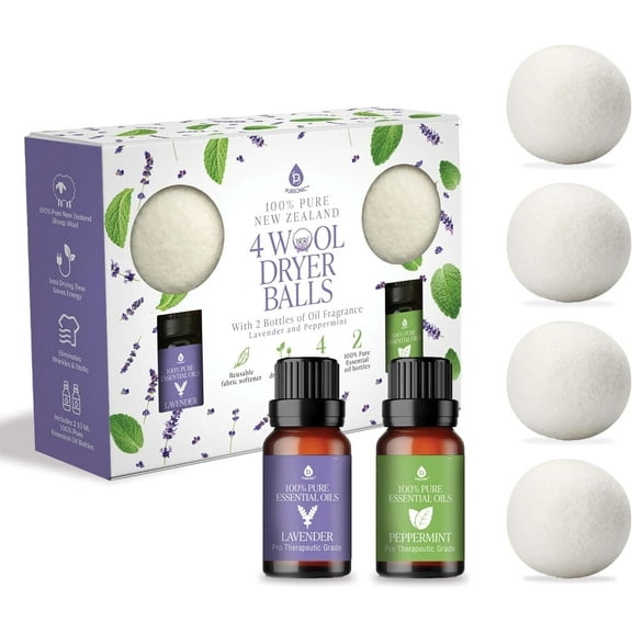 4-Pack Laundry with Lavender & Peppermint Essential Oil Scent - Reusable Fabric Softener Balls Made from Pure New Zealand Wool - 2.75" Diameter
