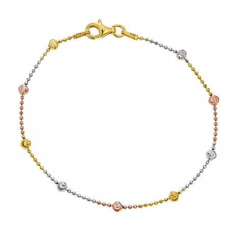 Sterling Silver Women Tri-Color Moon-Cut Round Station Bead Italian Bracelet 7"