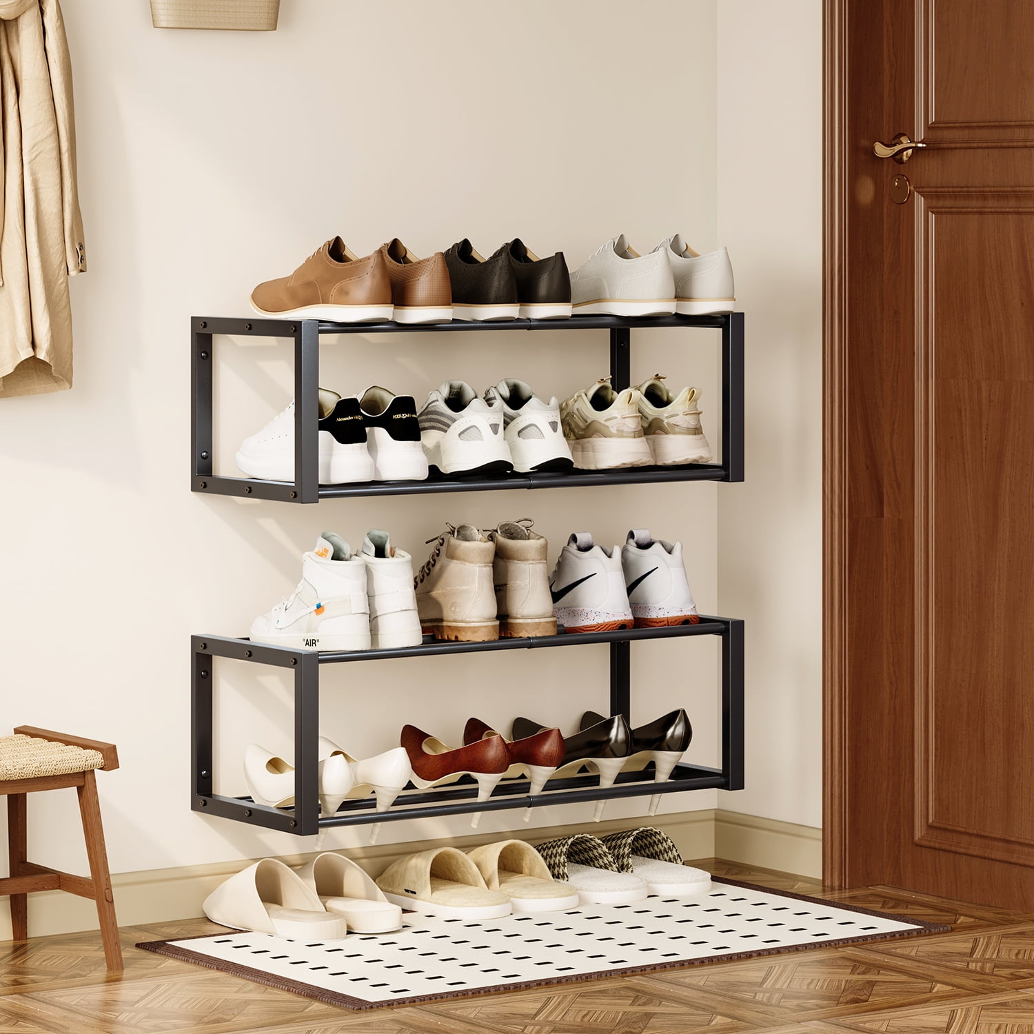 Hanging Shoe Organizer,2 Pack Wall Mounted Shoe Rack Holds 12 Pairs,Space Saving Metal Wall Shoe Rack,Hanging Shoe Rack Shoe Holder for Small Space,Entryway,Closet,RV,Camper（Black)