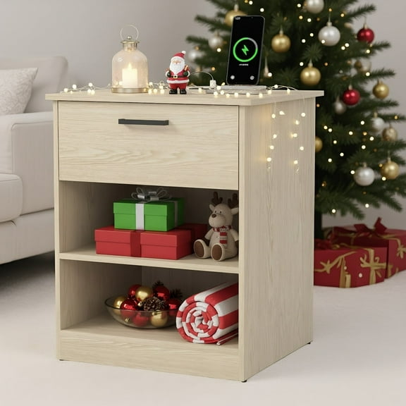 Spaco End Table with Charging Station, Nightstand with USB Ports & Outlets, Modern Bedside Table with Two Bottom Shelves and Top Drawer for Indoor as Bedroom, Light Brown