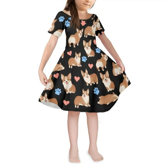 Renewold Cute A Line Dresses for Teen Girls Corgi Dog Paw Knee Length Spring Sundress Comfortable Breathable Basic Skater Dress Holiday Short Sleeve Dress Size 5-6