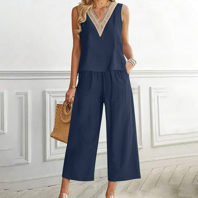 SOOMLON Going out Outfits for Women Graduation Outfit Guest 2PC V Neck  Solid Sleeveless Top + Loose Pocket Pants Suit Navy XXL - Walmart.com