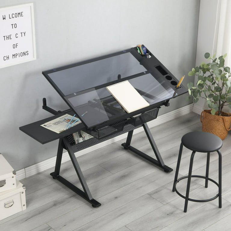 40.15-inch Adjustable Glass Drawing Table Drawing Table Diamond Art Table  Multi-functional Art And Craft Desk Learning Table With 2 Sliding Rollers