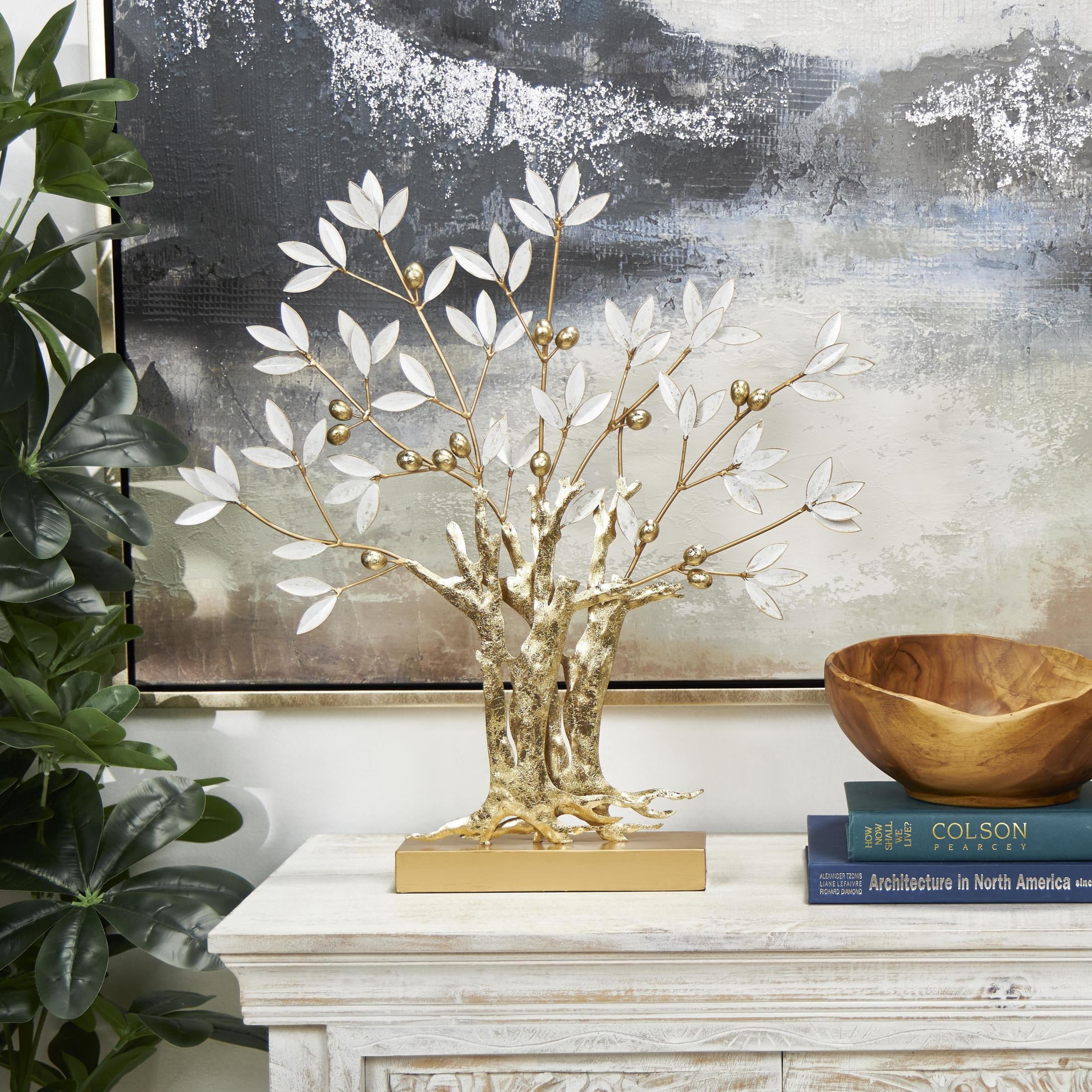23" x 24" Gold Metal Metallic Tree Sculpture with White Leaves, by DecMode