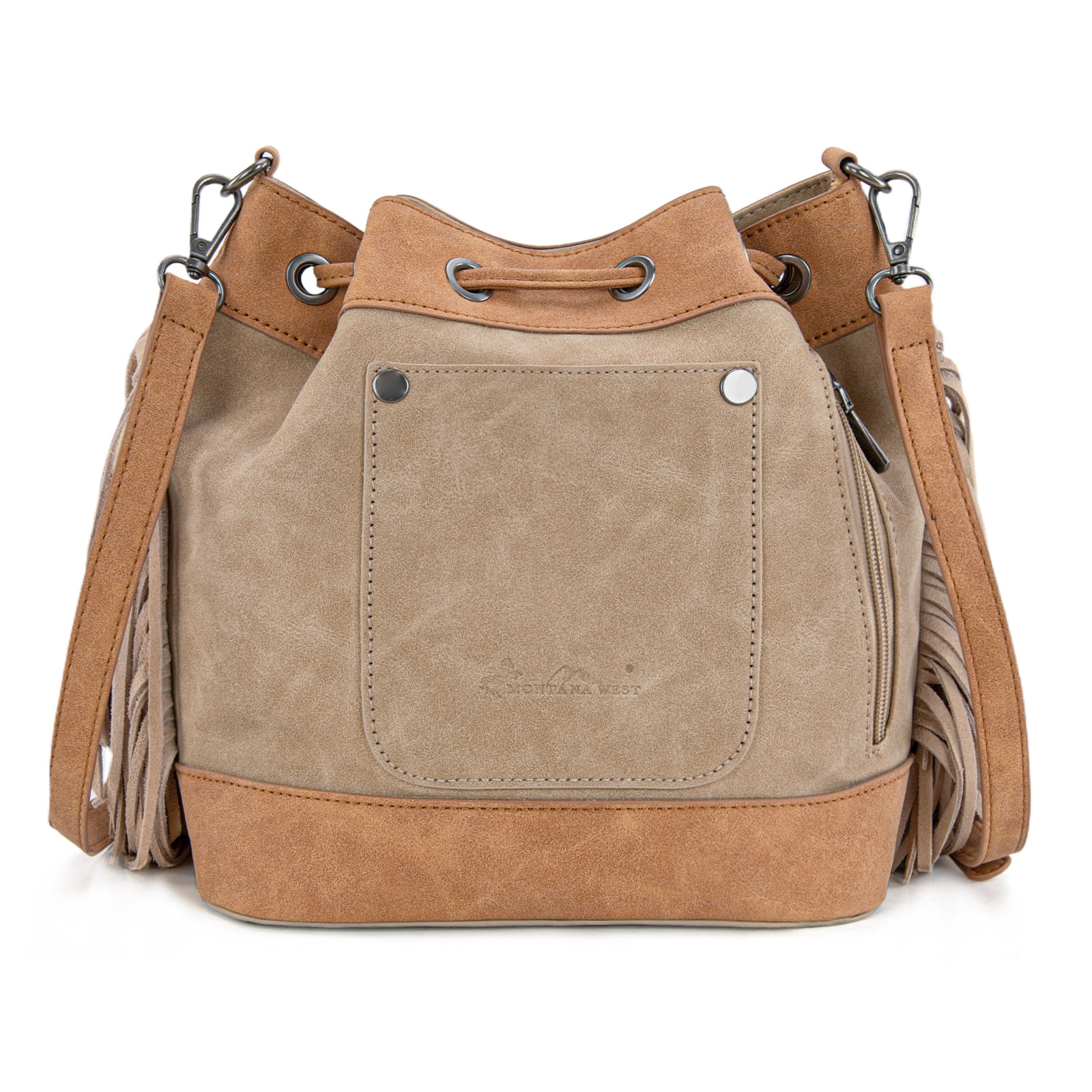 Montana West Aztec Bucket Bags for Women Western Fringe Crossbody Bag Vintage Drawstring, Tan