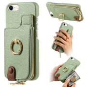 ELEHOLD for iPhone 7/8/SE 2022&2020 Luxury Leather Wallet Case with Back Flip Card Slots RFID Blocking Zipper Cash Pocket Stand Function Ring Holder Support Magnetic Car Mount Shockproof Case,mint