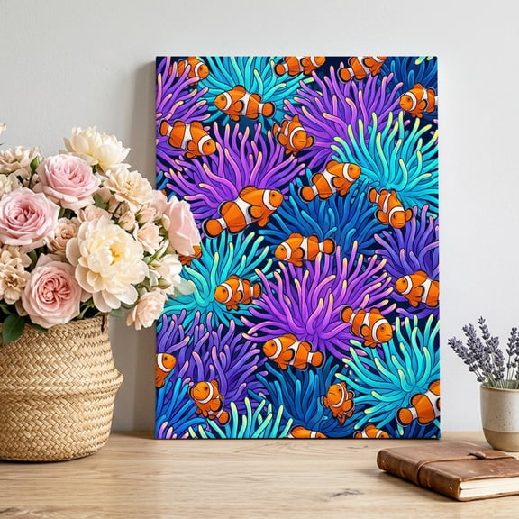 Clownfish Sea Anemones Canvas Wall Art for Living Room, Coastal Tropical Orange Purple Blue Marine Life Poster Print Painting for Bedroom Office Home Decoration Wall Pictures Prepare To Hang 16"x24"