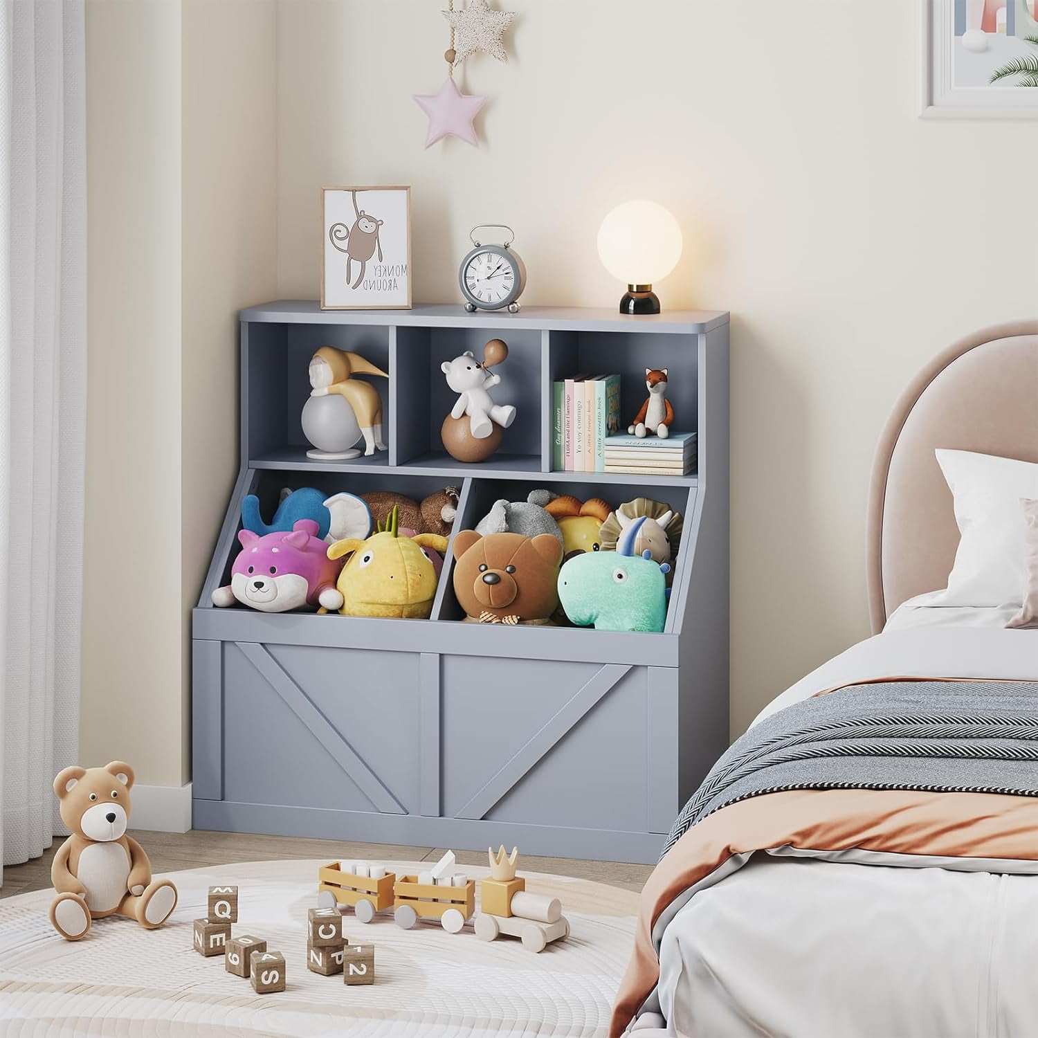 Toy Storage Organizer, Bookshelf and Toy Storage, Toddlers Bookshelf Toy Organizer for Rooms Playroom Bedroom Nursery Daycare, Gray